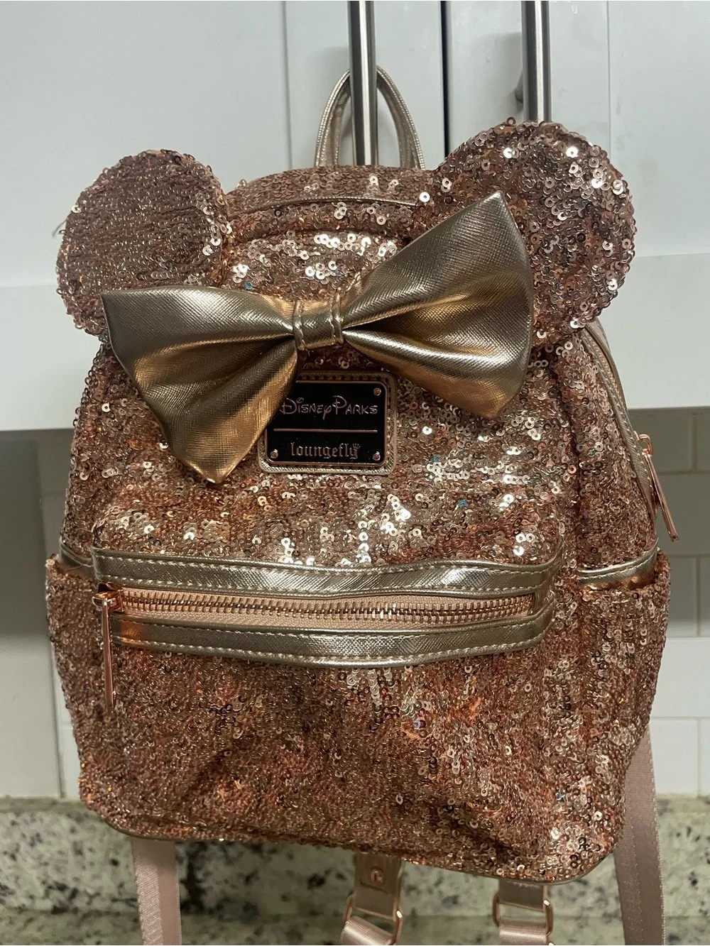Disney Parks Loungefly Rose Gold Sequined Minnie Mouse Mini Backpack collectible